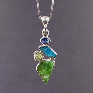 Kyanite Apatite Peridot and Emerald Sterling Silver Pendant